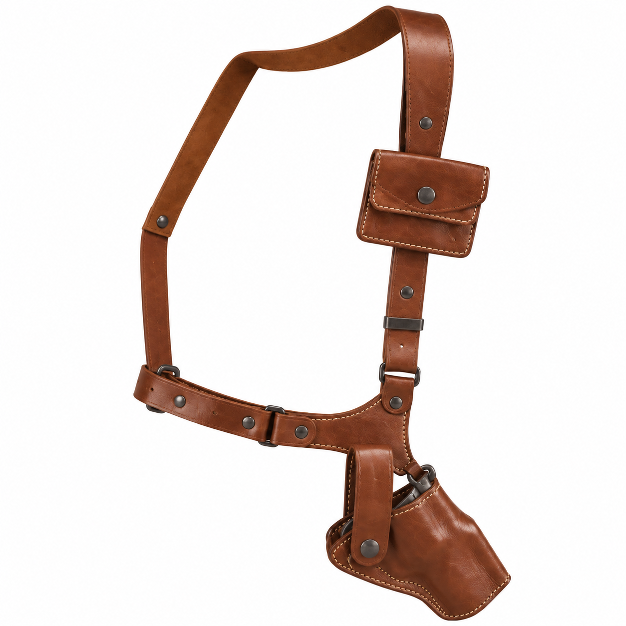 Handmade brown leather shoulder holster with belt pouch