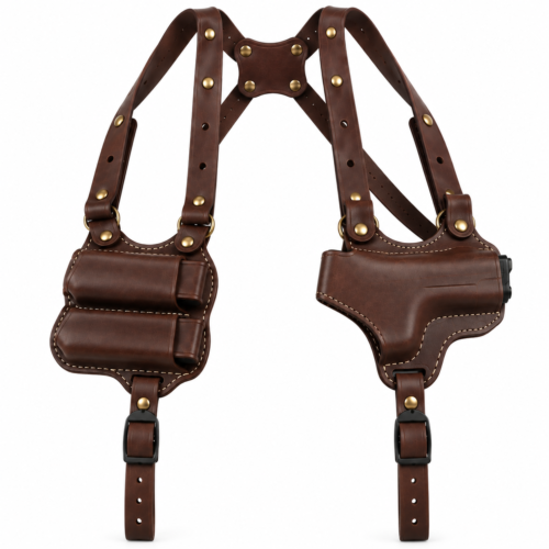 Handmade dark brown leather shoulder holster rig