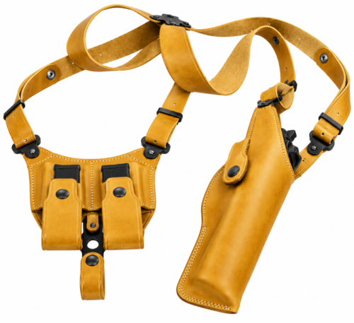 Handmade tan leather shoulder holster with magazine pouches